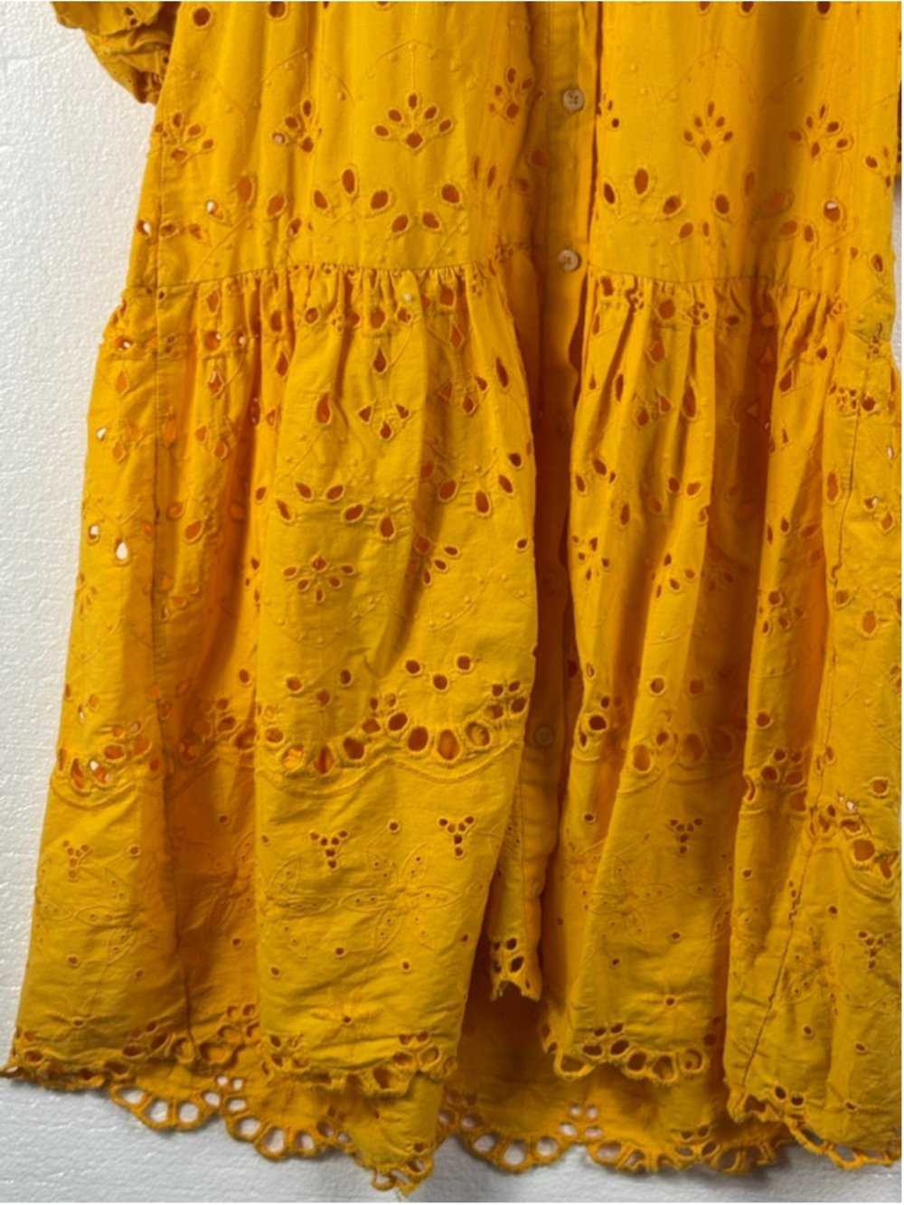 Anthropologie Tallulah Yellow Eyelet Tiered Short puff sleeves Mini Dress sz L - Picture 2 of 11